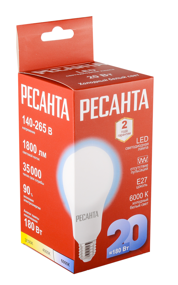 Лампа светодиодная LL-R-A80-20W-230-6K-E27 (груша, 20Вт, холод., Е27) Ресанта 76/1/76