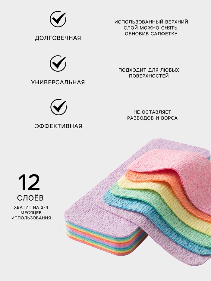 Многослойная салфетка для уборки из микрофибры MicroPVA, 17х7 см, 12 слоев 