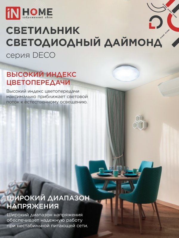 Светильник светодиодный DECO ДАЙМОНД 36Вт 6500К 3240лм 230В 380х55мм IN HOME 4690612033730