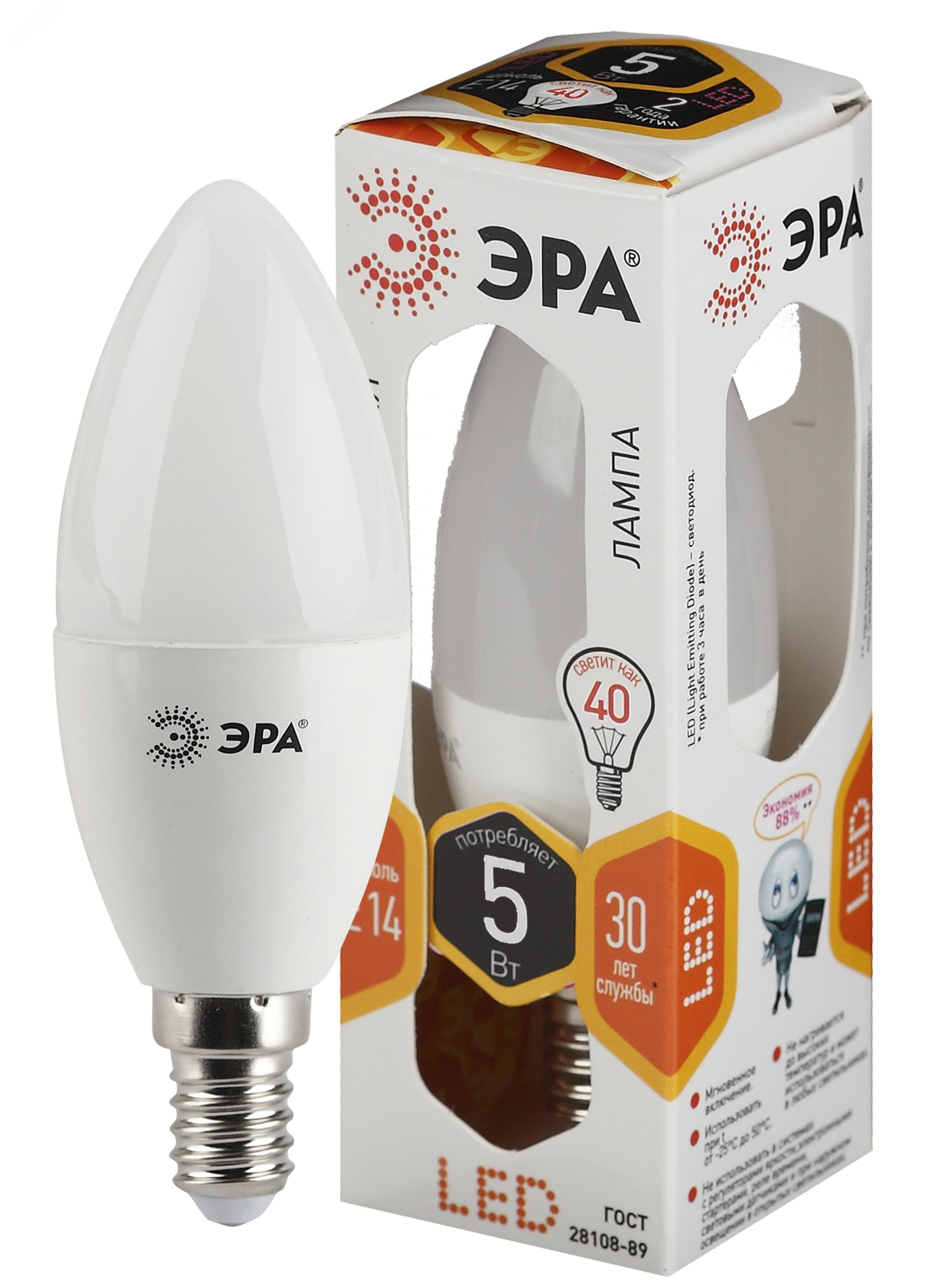 Лампа светодиодная LED B35-5W-827-E14 (диод, свеча, 5Вт, тепл, E14 (10/100/3500)