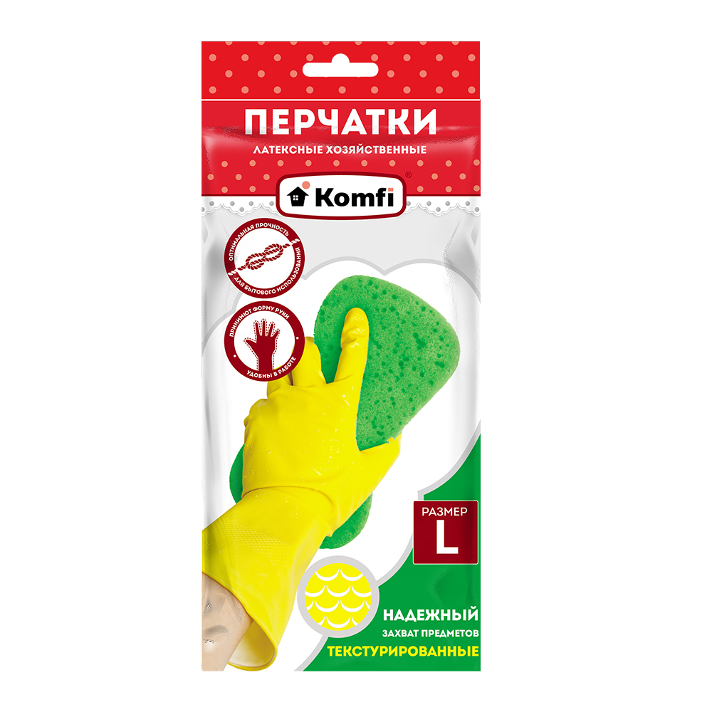 Перчатки хозяйственные латексные L желтые, Komfi