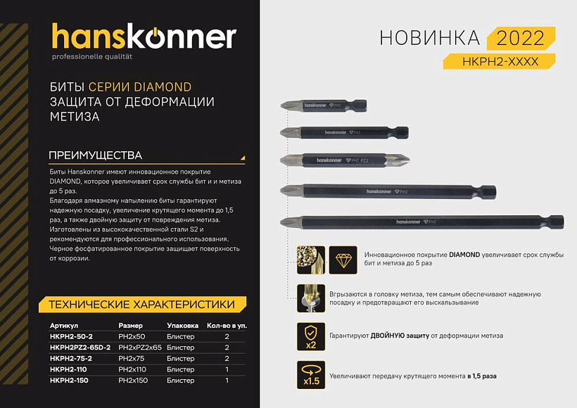 Бита PH2x110мм, сталь S2, Diamond, 1шт,Hanskonner