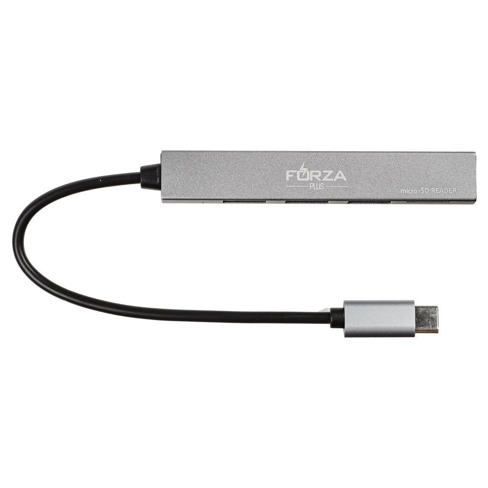 USB-хаб 4 в 1 FORZA, 3xUSB 2.0, 1xMicro-SD, штекер Type-C, корпус металлик, пластик