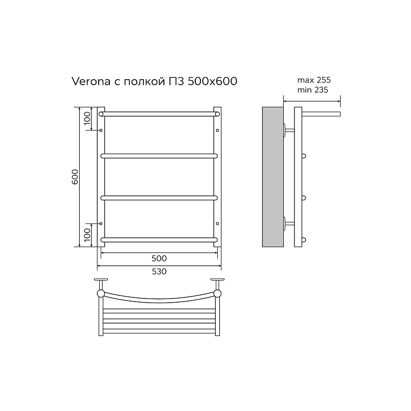 Полотенцесушитель VERONA 500/600 с полкой водяной 3 пер. (1"-1/2" Полированный) AZARIO