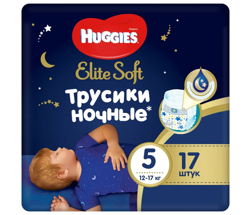 Подгузники-трусики Huggies Elite Soft ночные 5  12-17 кг, 17 шт