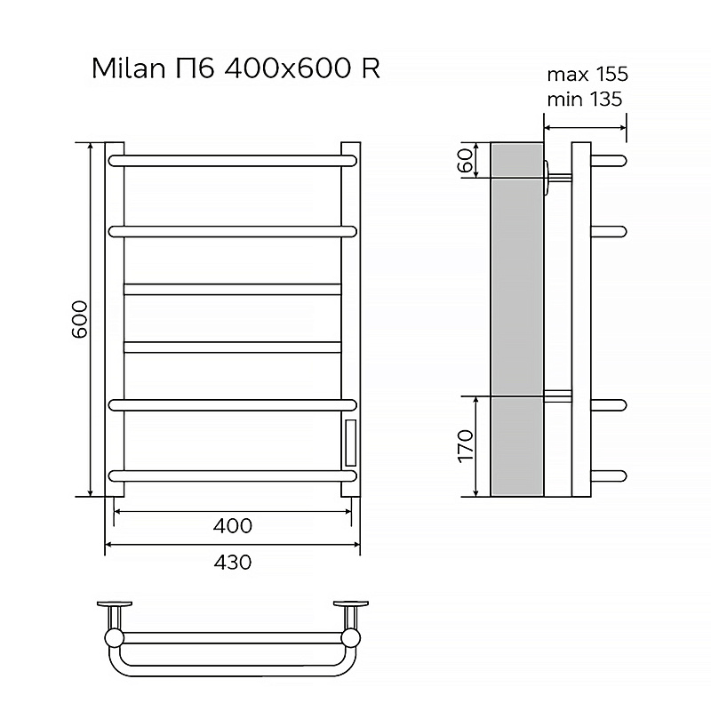 Полотенцесушитель MILAN 400/600 электрический ЧЕРНЫЙ R 6 пер. AZARIO