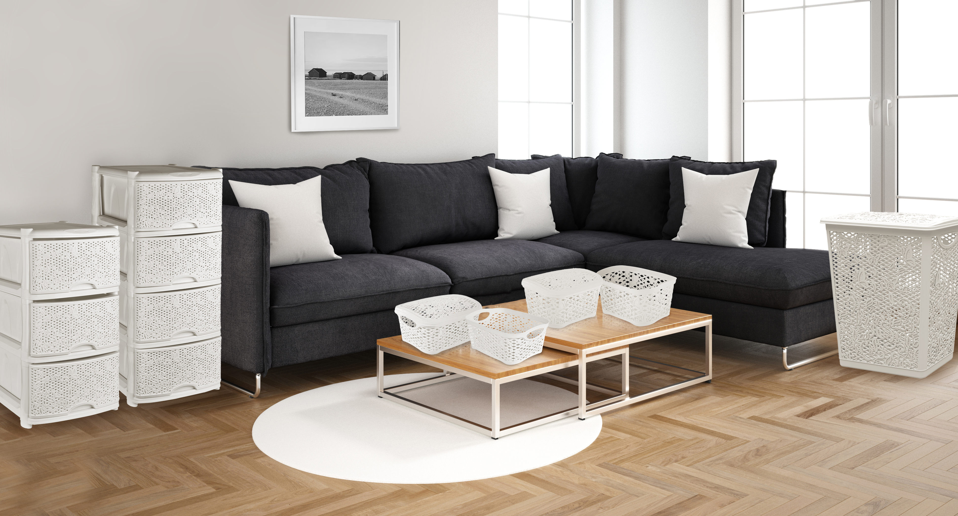Корзина для белья Keeplex Fiori, со съемной крышкой, 35 л, 40.3х28х47 см, белое облако