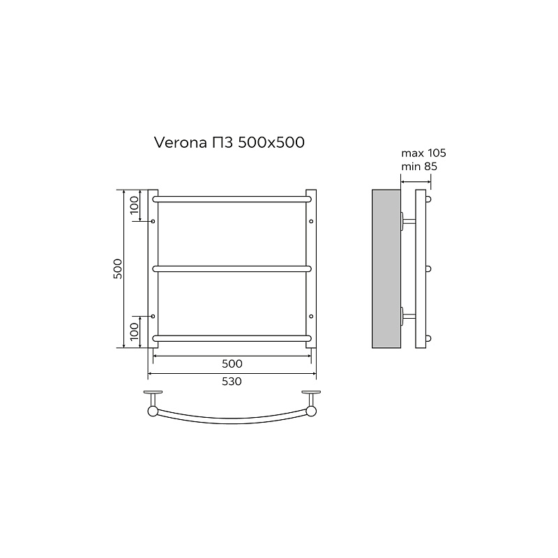 Полотенцесушитель VERONA 500/500 водяной 3 пер. (1"+1/2" Полированный) AZARIO