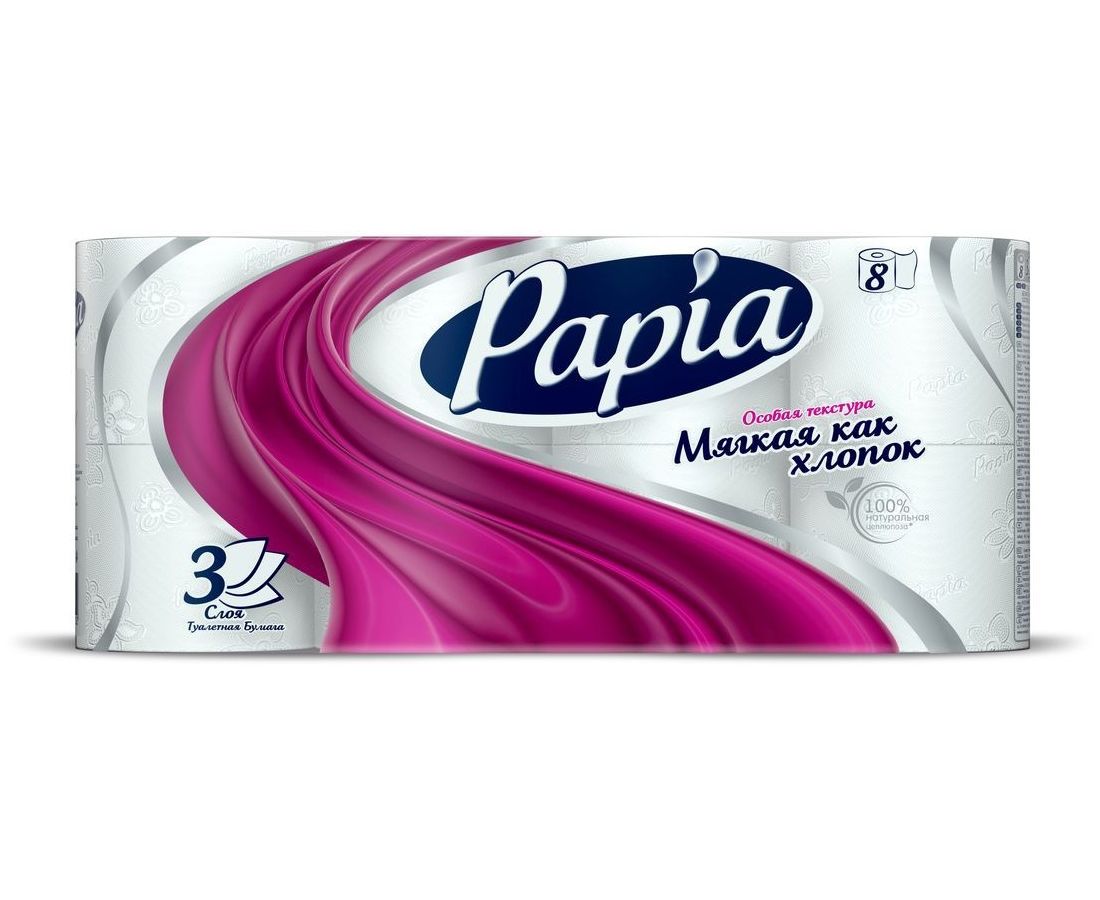 Туалетная бумага Papia, 3 слоя, 8 шт, 16.8 м, с втулкой, белая