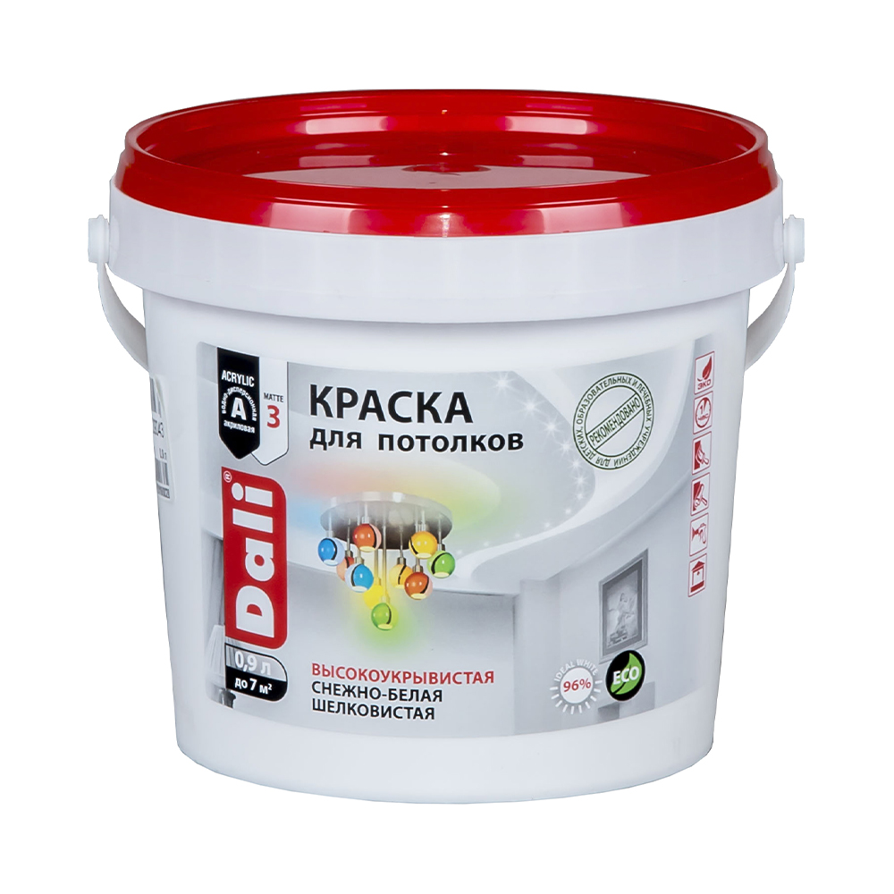 Краска для потолков Dali, акриловая, глубокоматовая, снежно-белая, 0,9 л