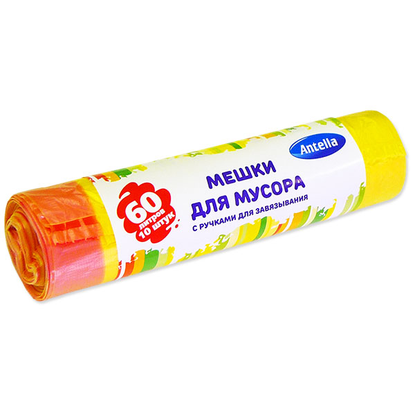 мешки для мусора 60л/10шт/HDPE/16мкм с ручками желтый Антелла