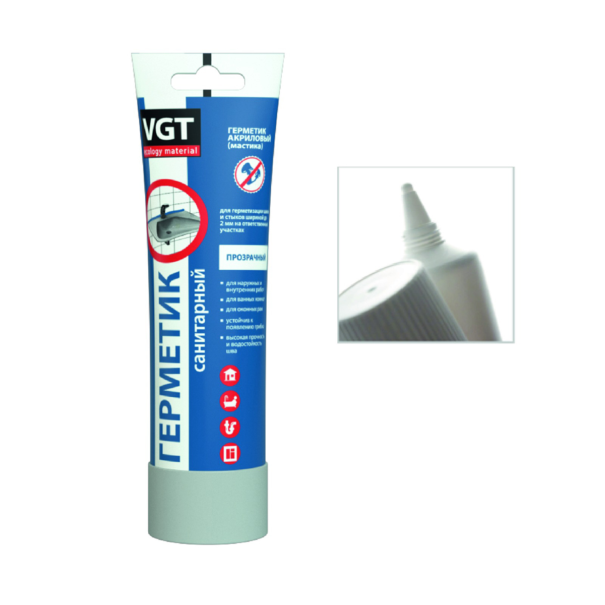 Акриловый санитарный герметик VGT 33676, 250 г, прозрачный