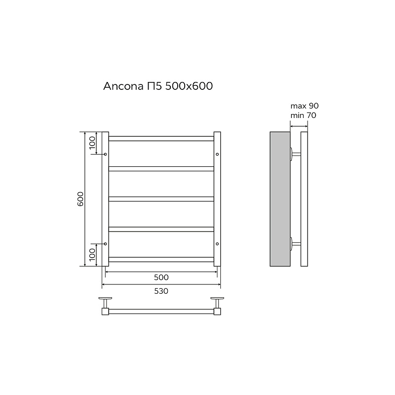 Полотенцесушитель ANCONA 500/600 водяной  5 кв. пер. бок. подкл. (1"+1/2" Полированный) AZARIO