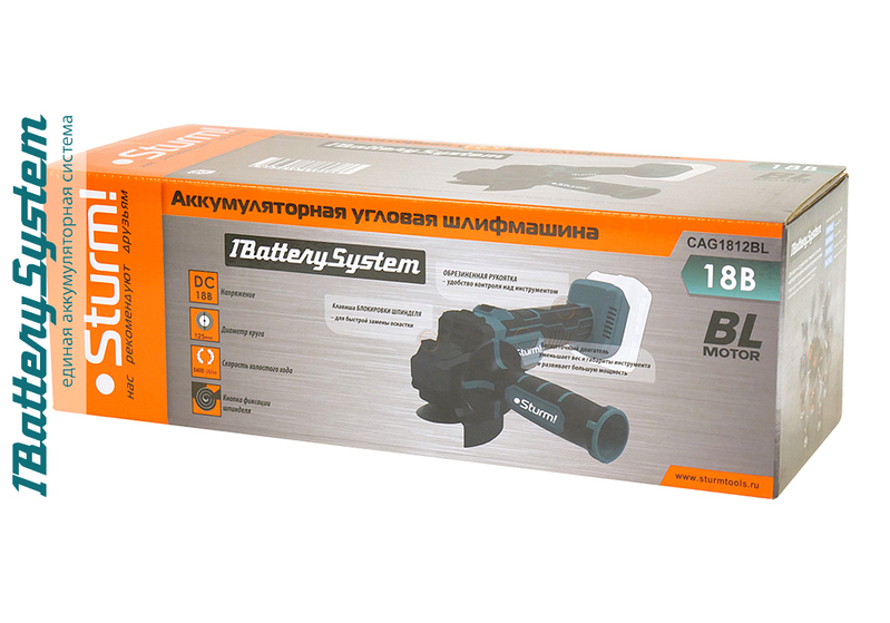 Аккумуляторная УШМ, 18В, без АКБ и ЗУ, Sturm! CAG1812BL 1BatterySystem