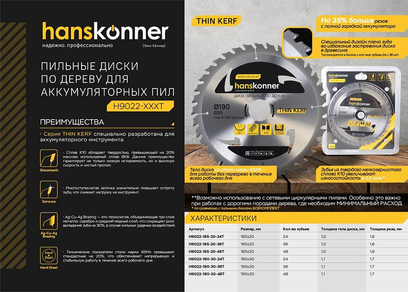 Пильный диск по дереву THIN KERF 165x20 мм, 24 зубьев, Hanskonner