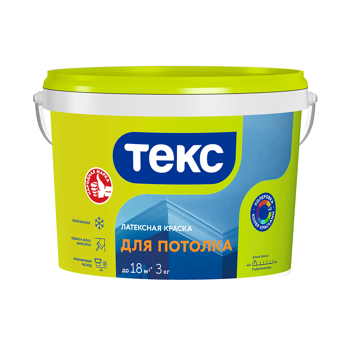 Краска для потолков латексная, Текс, глубокоматовая, белая, 3 кг