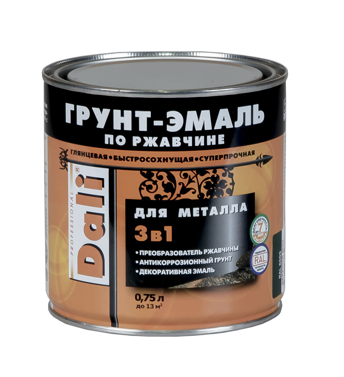 Грунт-эмаль по ржавчине Dali 3 в 1, глянцевая, 0,75 л, RAL 7024, серый графит
