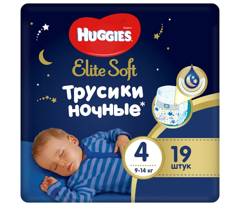 Подгузники-трусики Huggies Elite Soft ночные 4  9-14 кг, 19 шт