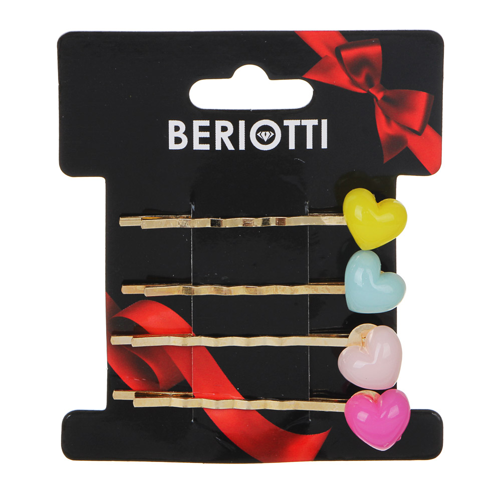 BERIOTTI Заколки 4шт, биж.сплав, пластик, 5,5см, 3 дизайна, ПР