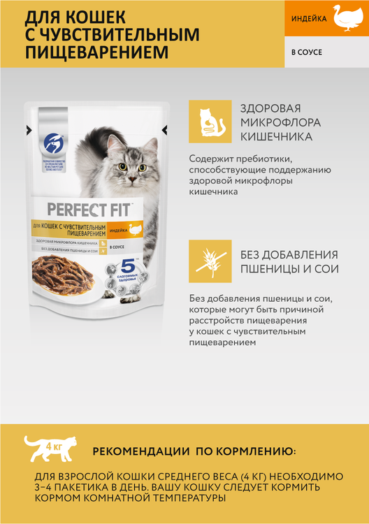 Влажный корм Perfect Fit для кошек с чувствит. пищеварением, с индейкой в соусе, 75г