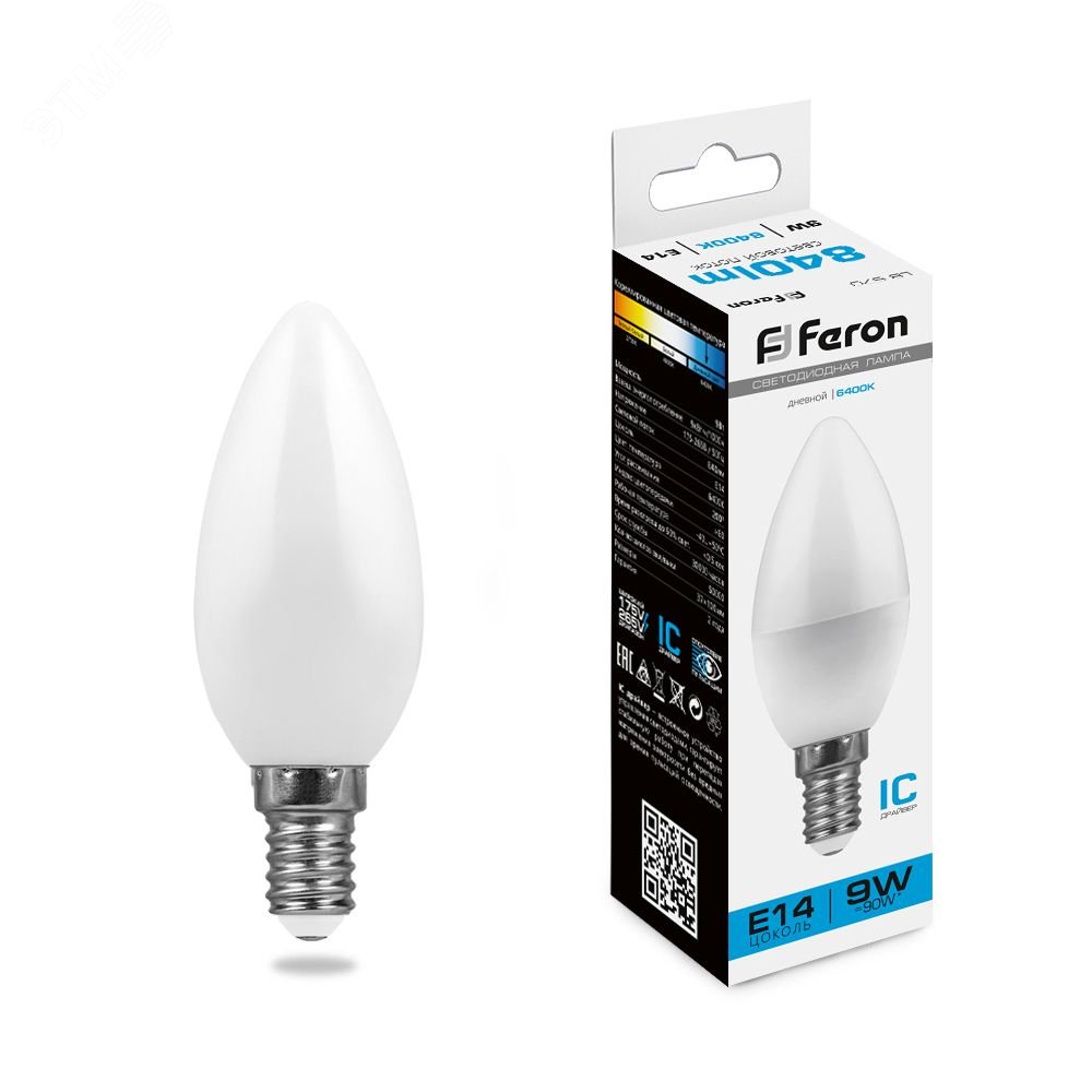 Лампа светодиодная LED 9вт Е14 дневной  свеча Feron LB-570