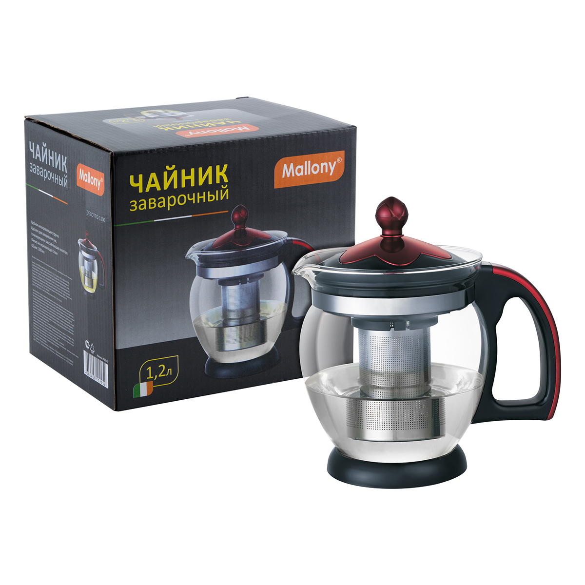 Чайник заварочный Mallony Decotto-1200, стеклянный, фильтр-нержавейка, 1,2 л