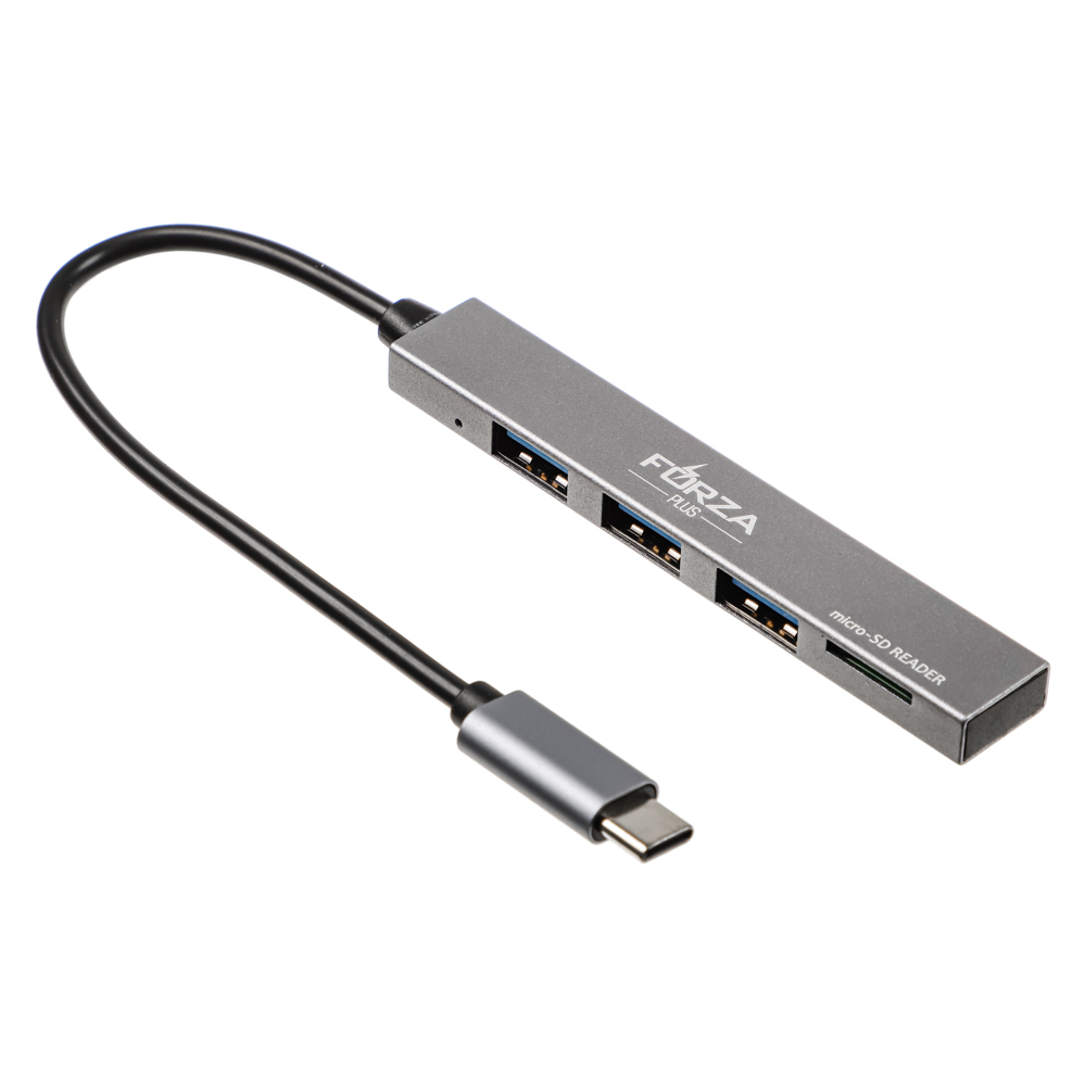USB-хаб 4 в 1 FORZA, 3xUSB 2.0, 1xMicro-SD, штекер Type-C, корпус металлик, пластик