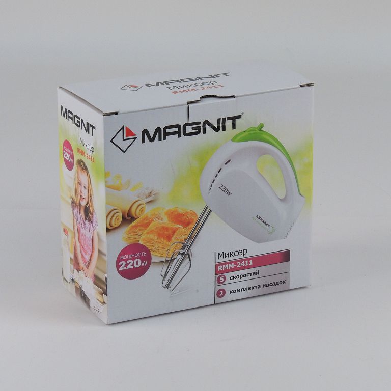 Миксер эл. MAGNIT  220Вт., 5 скоростей, 4 насадки, корпус пластик, белый/зеленый