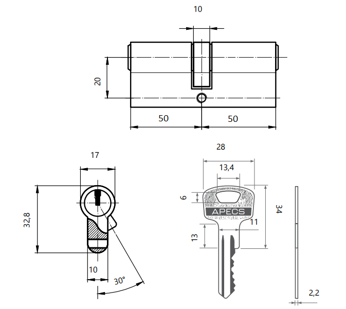 Цилиндровый механизм Apecs SC-100-Z-G
