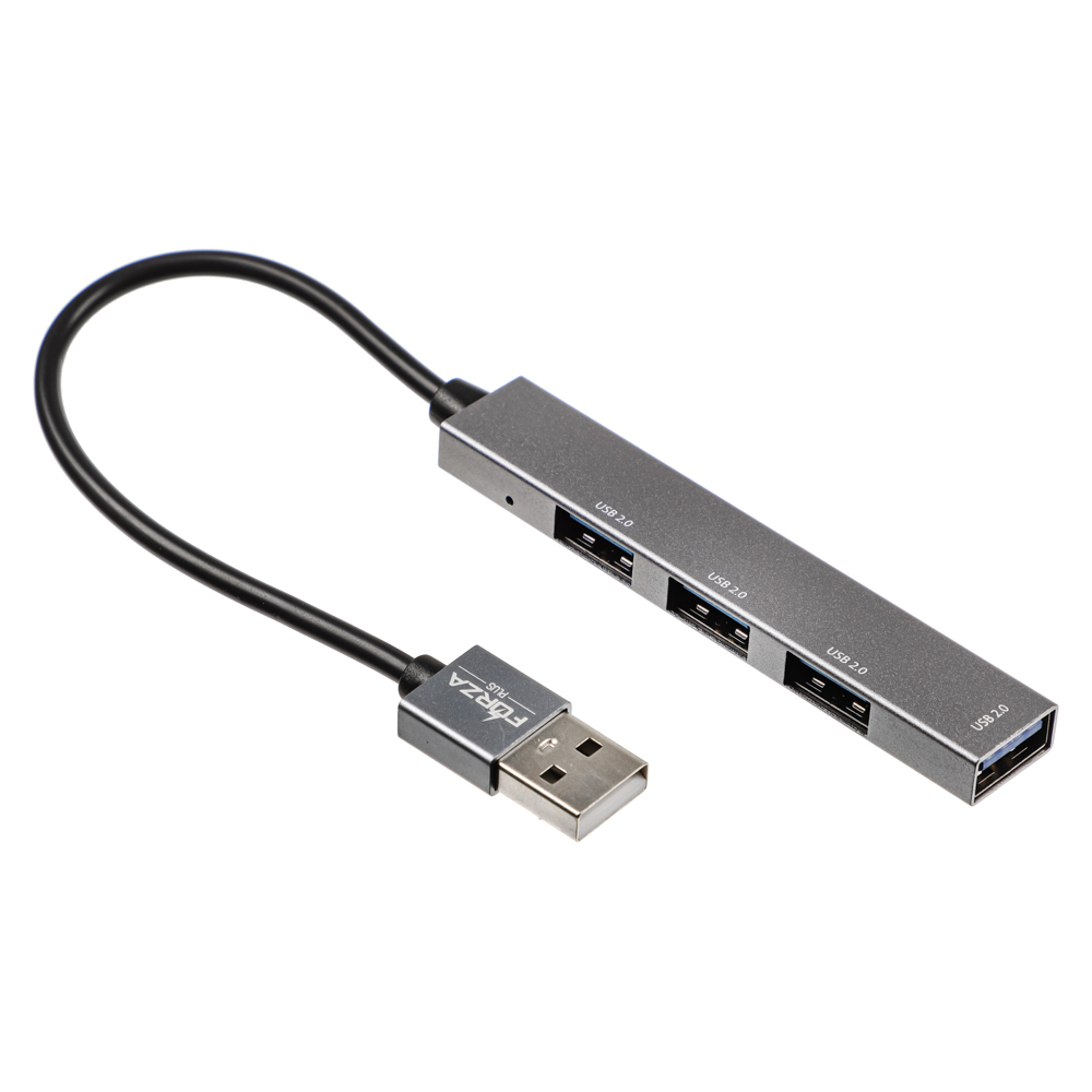 USB-хаб 4 в 1 FORZA, 4xUSB 2.0, штекер USB, корпус металлик, пластик