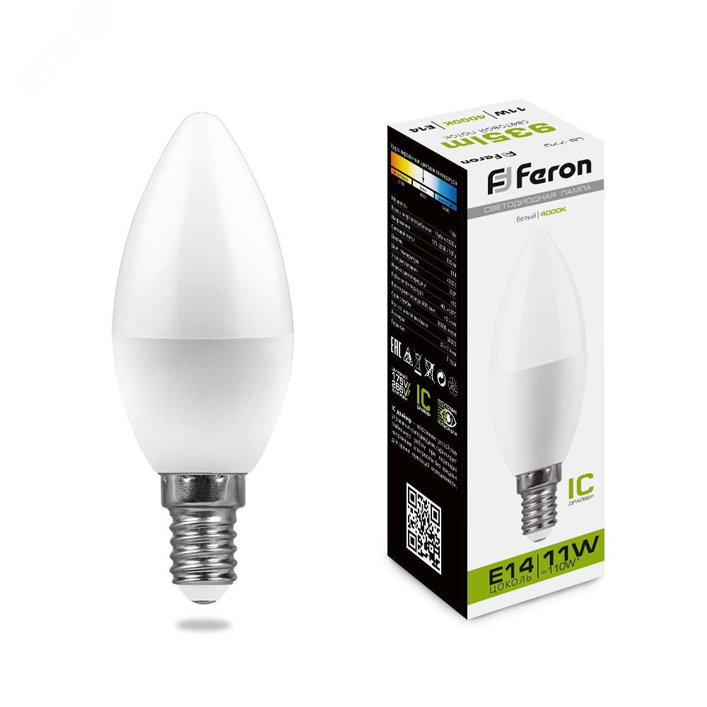Лампа светодиодная LED 11вт Е14 ,белый  свеча Feron LB-770