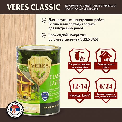 Пропитка для дерева Veres Classic Lazura №1, матовая, 0,9 л, бесцветная
