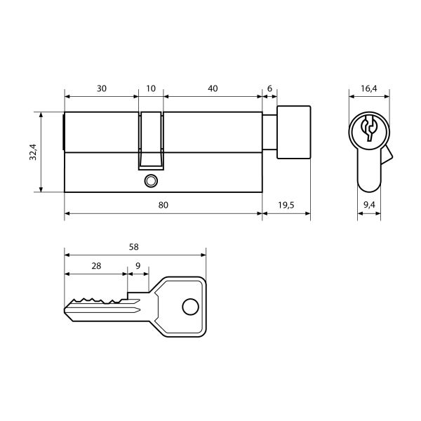  Цилиндровый механизм Стандарт Z.I.80В-5K (30x10x40В) CP 5кл англ.ключ/верт