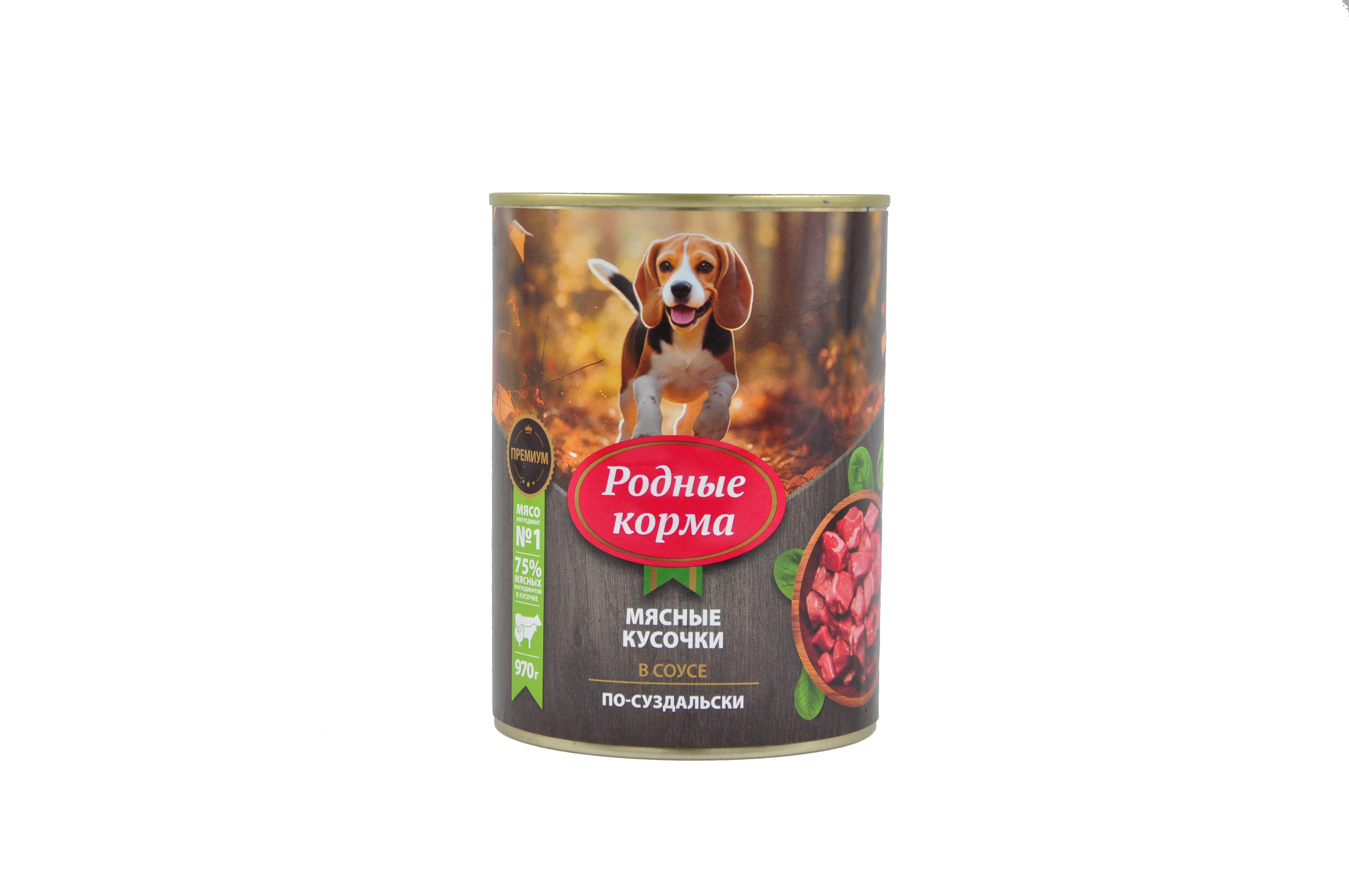 Консервы для собак РОДНЫЕ КОРМА, мясные кусочки в соусе по-суздальски, 970 г
