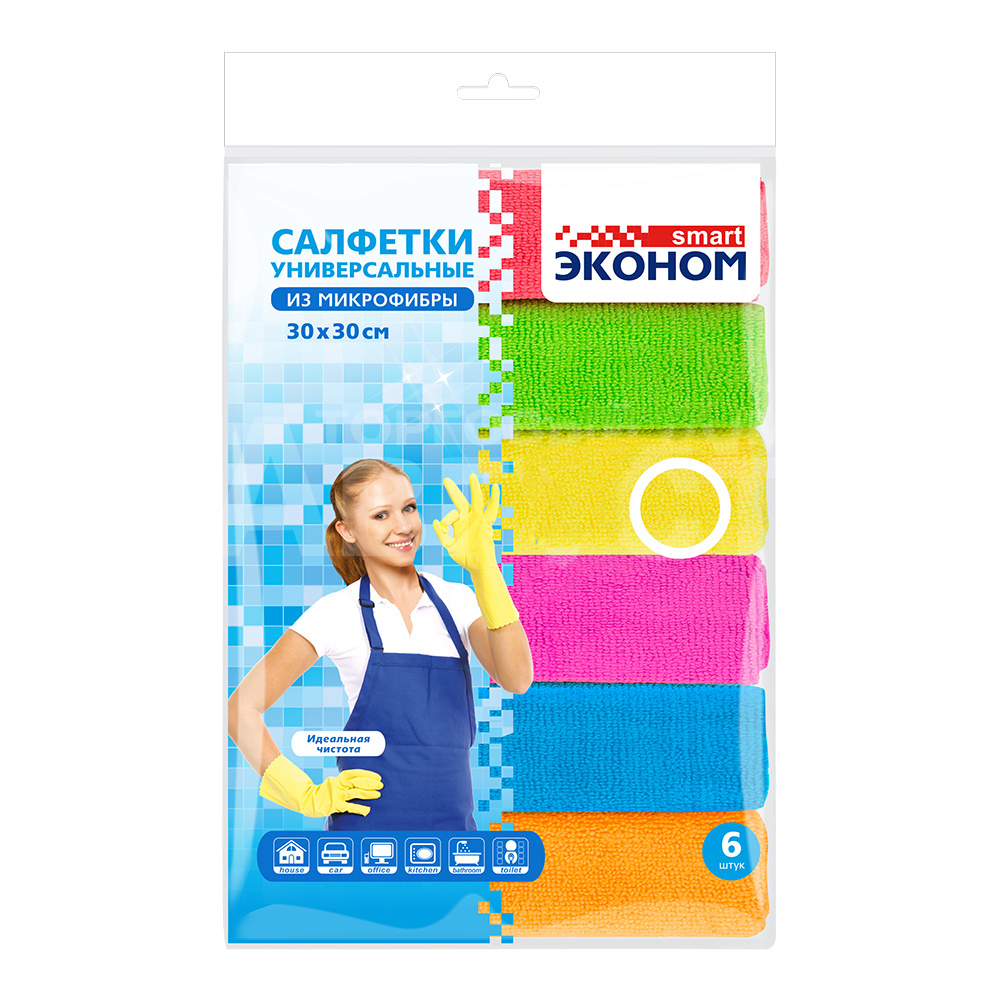 Салфетка хозяйственная Smart 10314 Эконом из микрофибры 30*30 см, в ассортименте, 6 шт