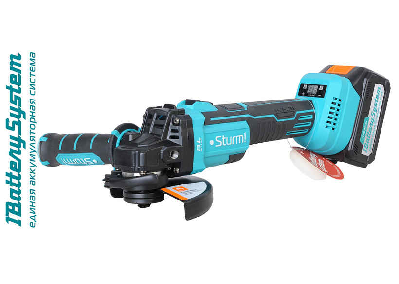 УШМ аккумуляторная б/щ Sturm!, 18В, 1BatterySystem,125мм,плавн пуск, 1x3.0Ач,ЗУ, кейс
