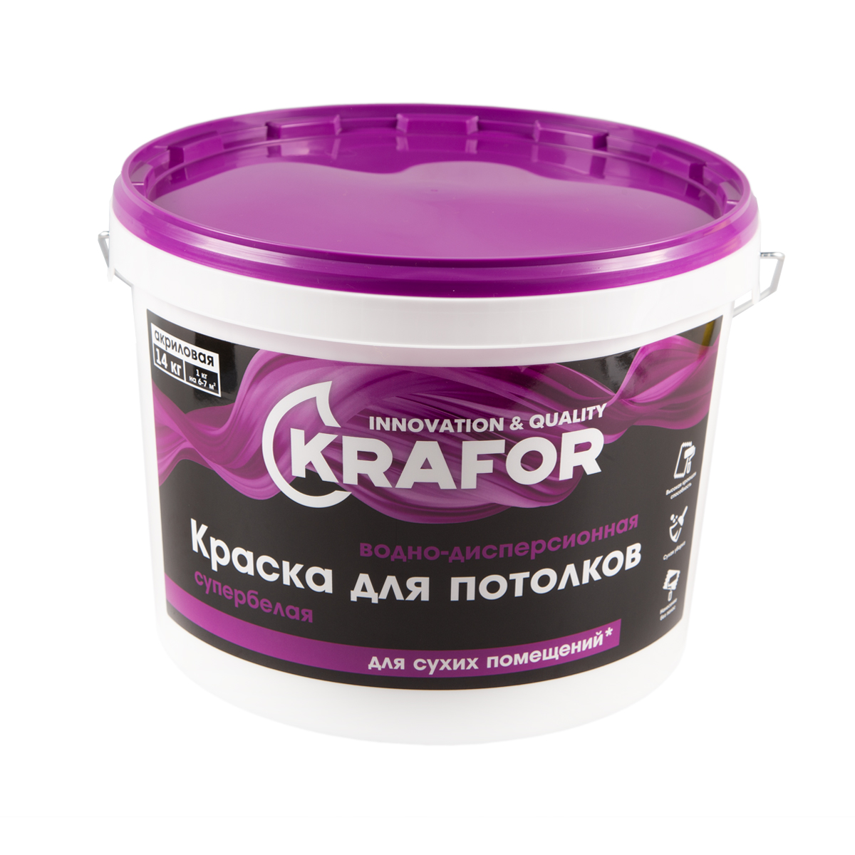 Краска водно-дисперсионная для потолков Krafor, матовая, 14 кг, супербелая