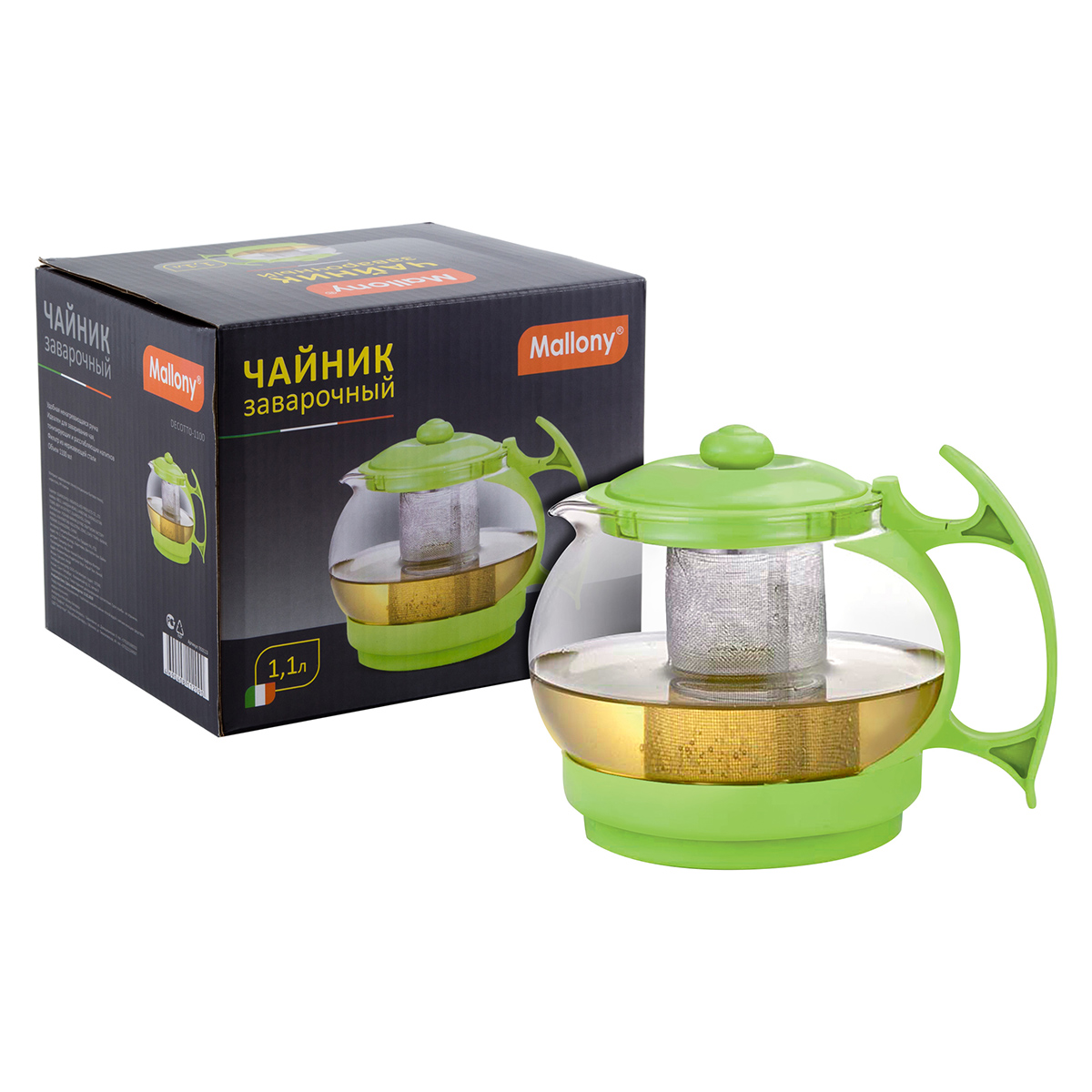 Чайник заварочный Mallony Decotto-1100, стеклянный, фильтр-нержавейка, 1,1 л
