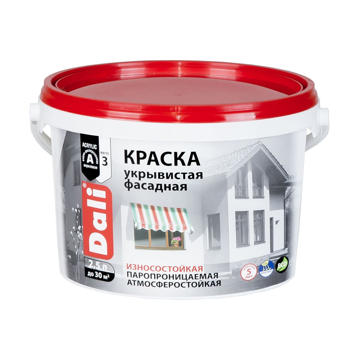 Краска фасадная укрывистая Dali, акриловая, матовая, белая, 2,5 л