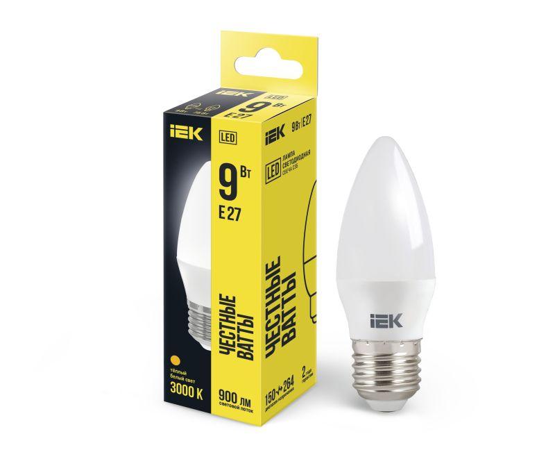 Лампа светодиодная ECO  C35 9Вт свеча 3000К E27 230В IEK LLE-C35-9-230-30-E27