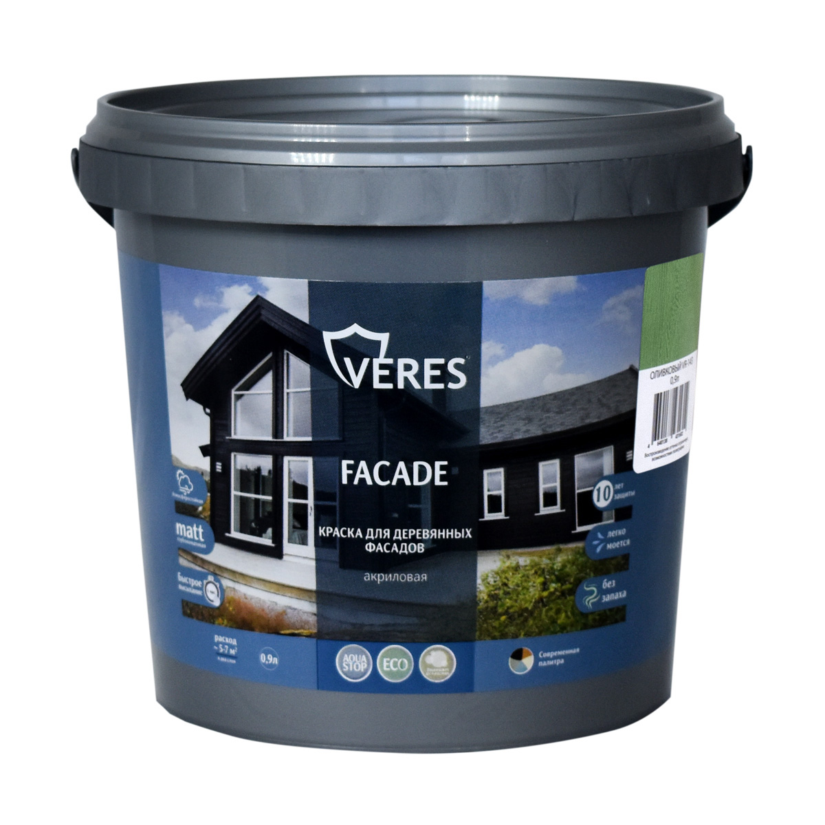 Краска для деревянных фасадов Veres Facade, акриловая, матовая, 0,9 л, оливковый