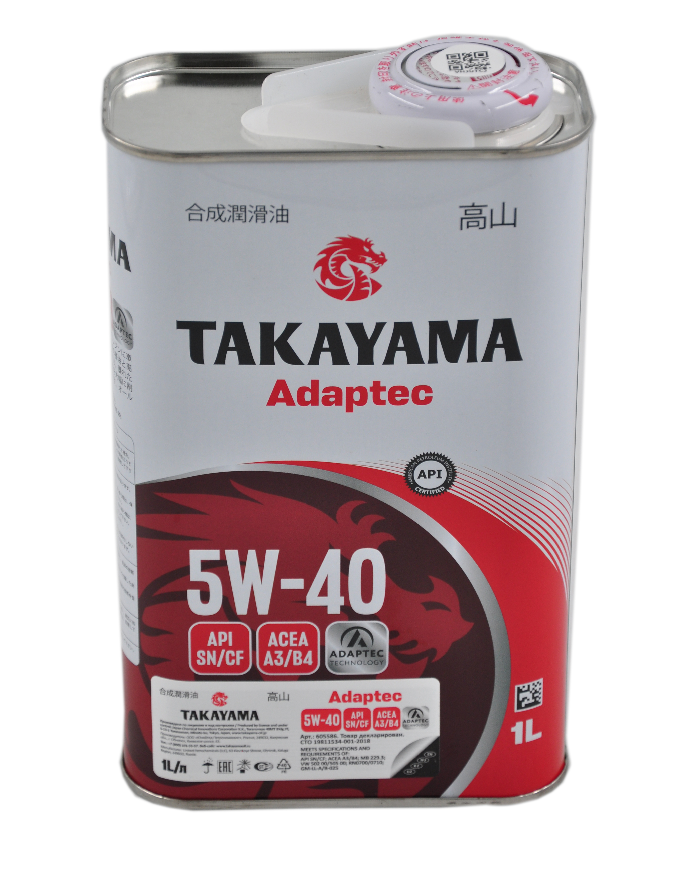 Моторное масло TAKAYAMA Adaptec 5W‑40 синтетическое, 1 л, API SN/CF, ACEA A3/B4