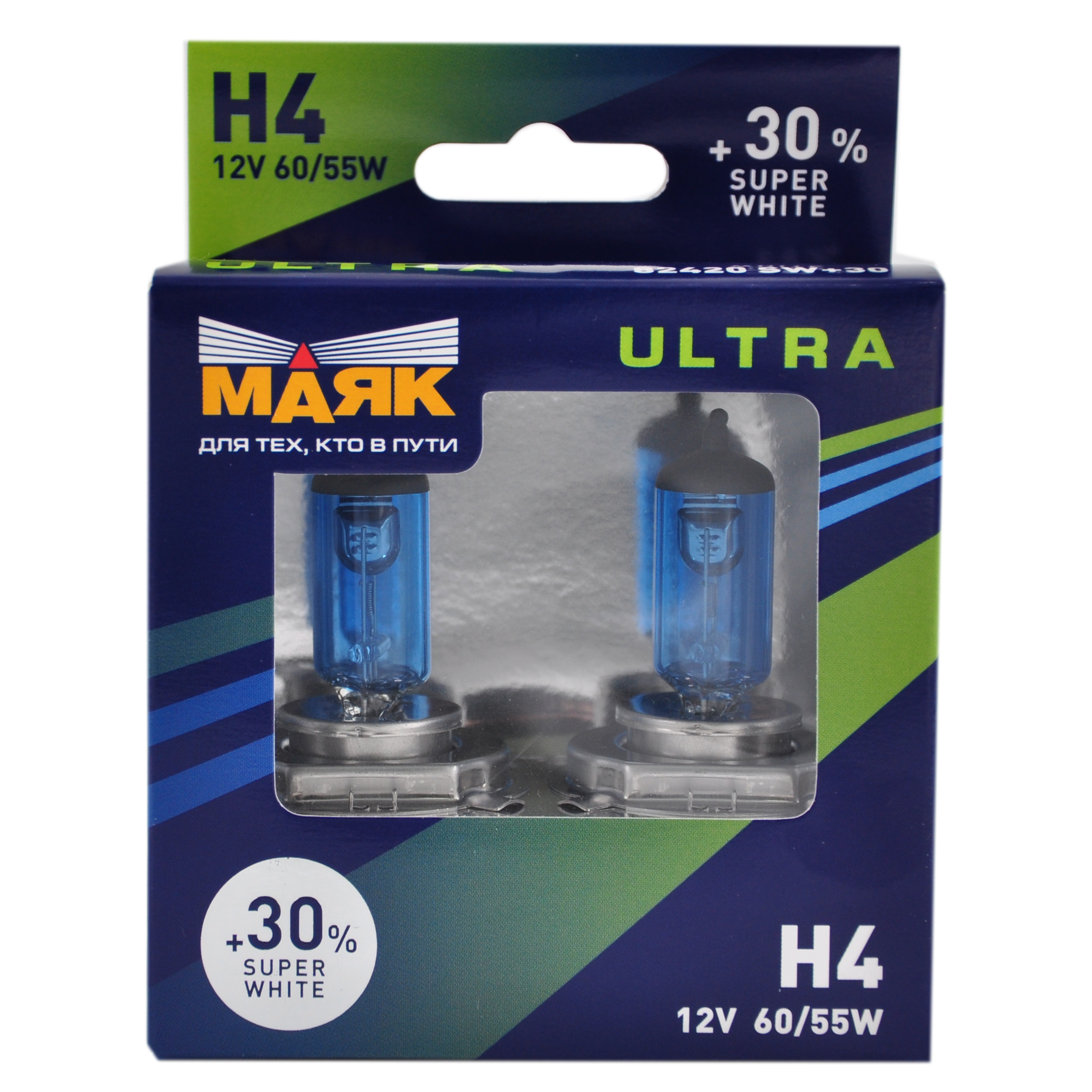 Лампа галогенная Н4 12V60/55W +30%(Маяк ULTRA)P34t Super White, к-т 2шт 