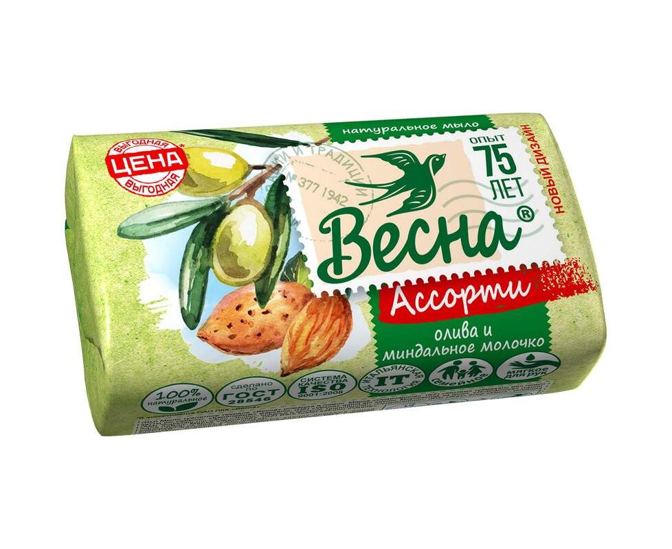 Мыло твердое ВЕСНА Олива и миндальное молочко, к/у, 90г