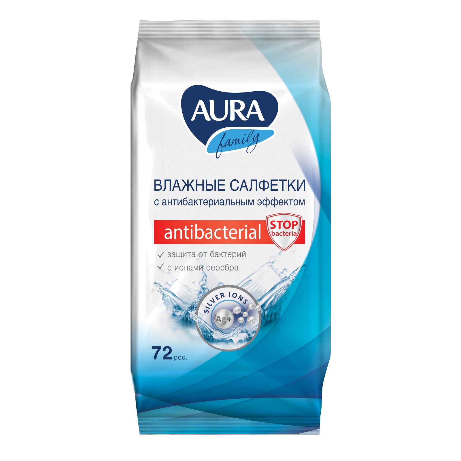Влажные салфетки антибактериальные 72шт "AURA FAMILY" 
