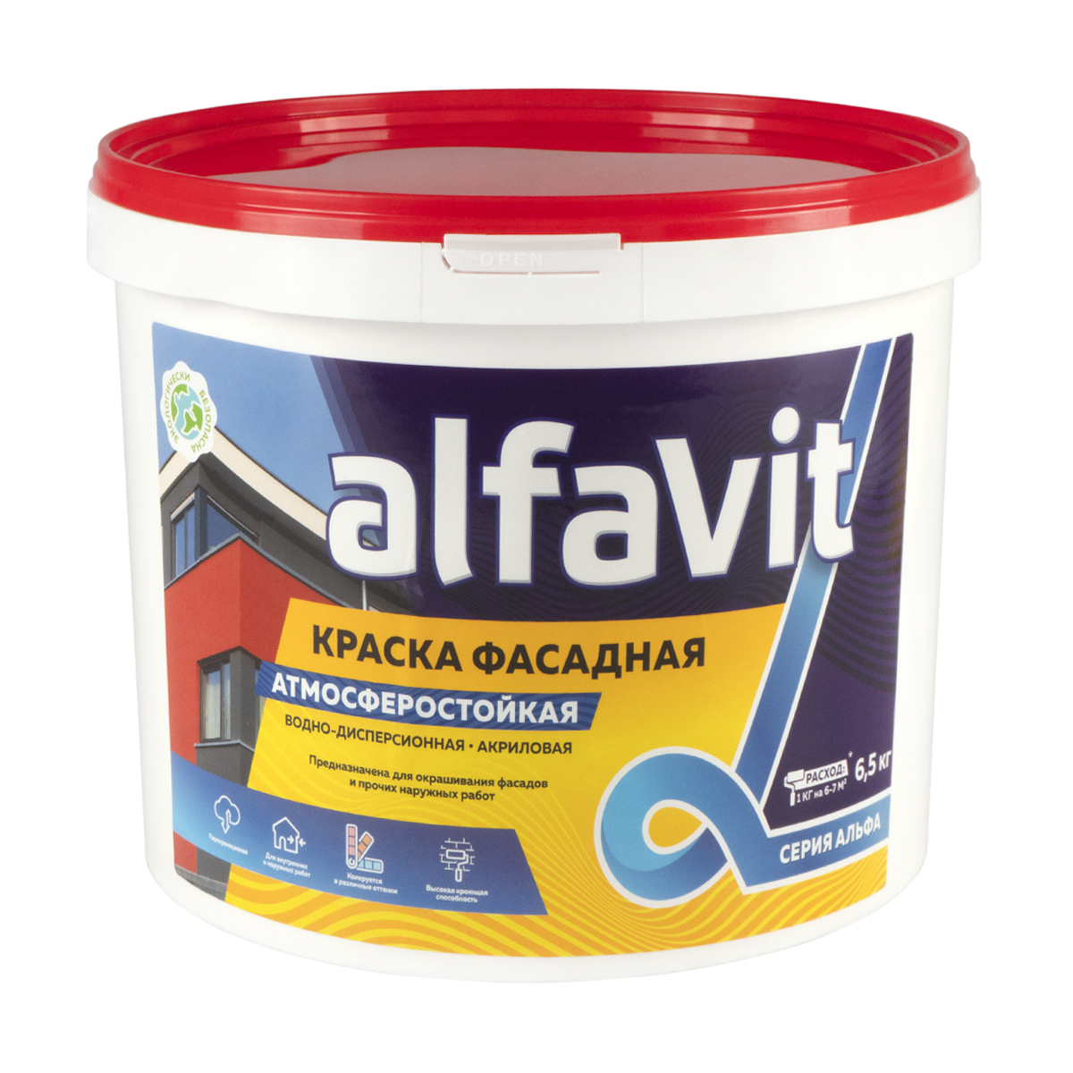Краска водно-дисперсионная фасадная Alfavit серия Альфа, белая, 6,5 кг