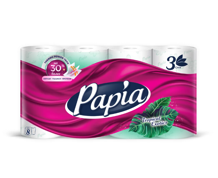 Бумага туалетная Papia  8 рул.3-х.сл. Тропическая экзотика, белая с рисунком 