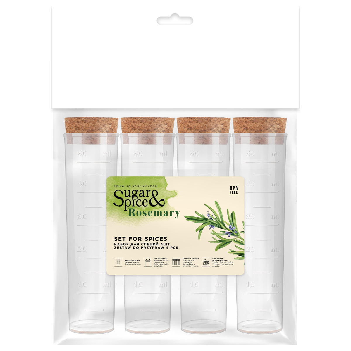 Набор для специй Sugar&Spice Rosemary, 4 шт., с пробковыми крышками