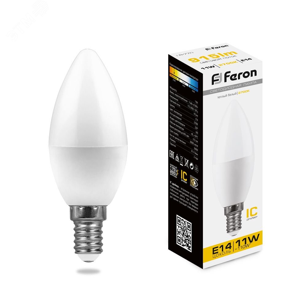 Лампа светодиодная LED 11вт Е14 теплый  свеча Feron LB-770