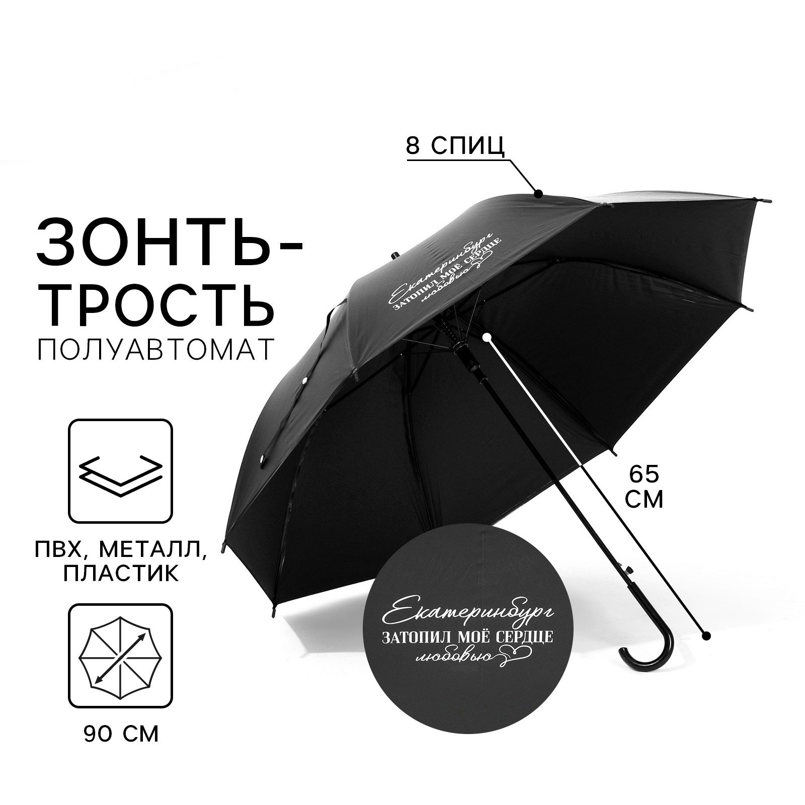 Зонт-трость "Екатеринбург", цвет черный, 8 спиц